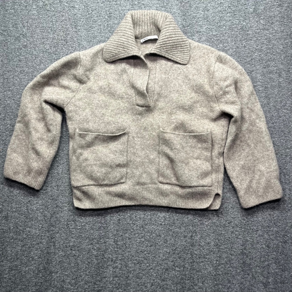 Zara Sweater Womens Small Beige Wool Yak Blend Ribbed Polo Collar Knit Pullover